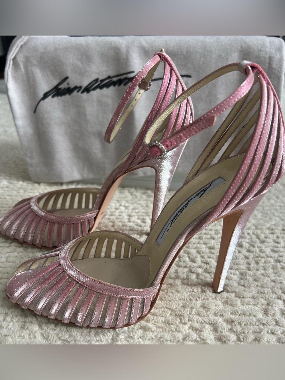 Brian Atwood Rare Pink Metallic Strappy Stiletto Sandals